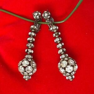 Vintage Clip On Earrings Dangle Ball Clear Crystals Silver Tone Statement 50s